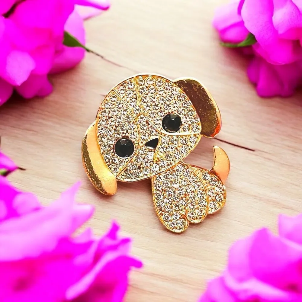 Gold Tone Rhinestone Dog Brooch